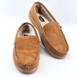 Clarks Moccasin Slippers Mens 11 M Tan Excellent Leather Suede Faux Fur GF2448M